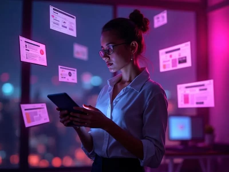 Educadora usando tablet com interfaces digitais